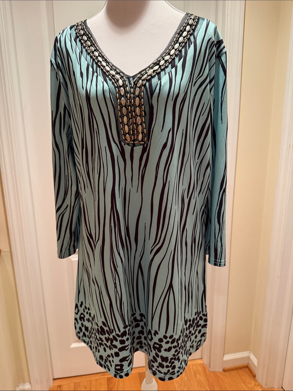 Talk of the Walk Mint and Black Beaded V-Neck Animal Print Tunic
